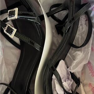 Wild Diva Black Strappy Heels with Rhinestone Buckles